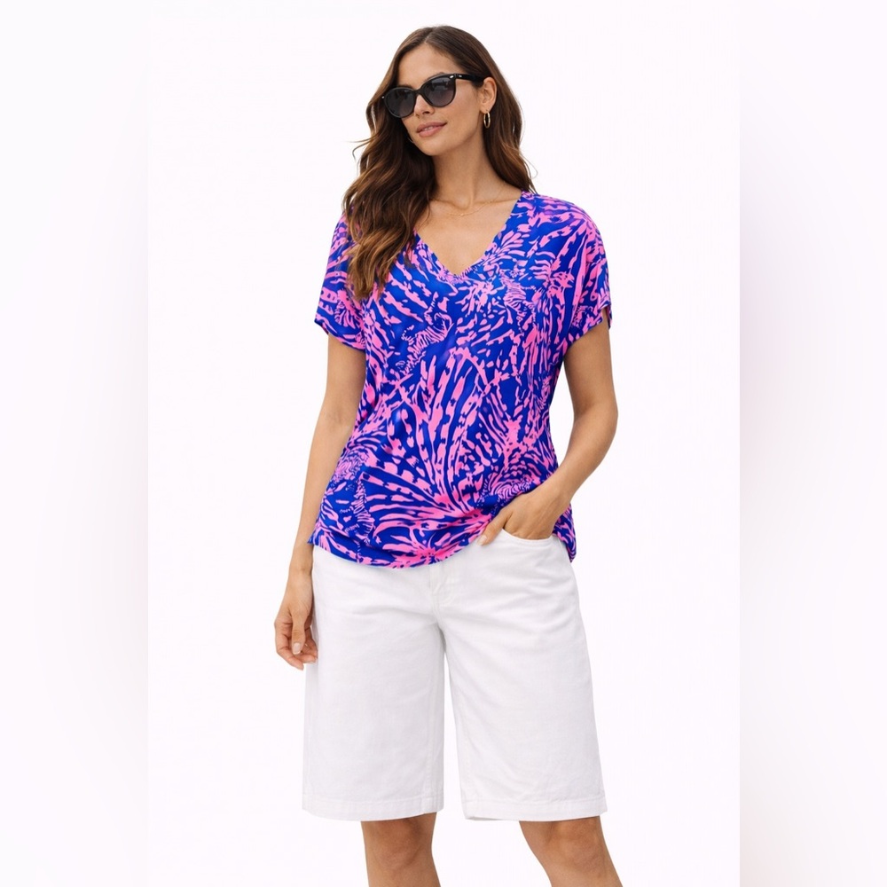 LILLY PULITZER Asher Silk Top‎ Women S Pink Blue Rollin in the Grass zebra